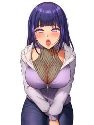 absurdres black_pants blunt_bangs blush breasts cetta_(cettadvd) female fishnet_top fishnets highres hood hooded_jacket hyuuga_hinata jacket large_breasts long_hair looking_at_viewer naruto naruto_(series) naruto_shippuuden open_mouth pants purple_eyes purple_hair purple_jacket saliva simple_background sitting solo sweat tongue tongue_out white_background