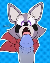 absurd_res anthro artist_name clothed clothing digital_media_(artwork) erection fur genitals hi_res indigo_park kerchief larabnuy looking_down male male/male mammal neckerchief neckwear open_mouth penis procyonid purple_eyes raccoon rambley_raccoon simple_background solo teeth tongue tongue_out