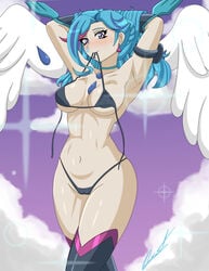 blue_eyes blue_hair blue_maiden blush bra breasts female jewelry loquillo panties posing solo stockings wings yu-gi-oh! yuu-gi-ou_vrains zaizen_aoi