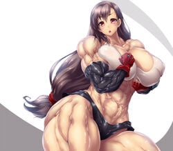 abs biceps crop_top extreme_muscles final_fantasy final_fantasy_vii gloves huge_breasts hyper_muscles long_hair midriff muscle muscles muscular muscular_female purukogi_(plasma_beach) red_eyes thick_thighs tifa_lockhart