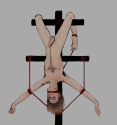 bondage bound_and_gagged brown_eyes eyebrow_piercing hanging_upside_down jonathan_davis korn male real_person rope_bondage skinny solo solo_male tied_upside_down