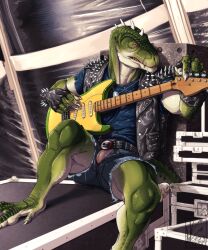 anthro belt bulge clothed clothed_anthro clothed_male clothing detailed_bulge dinosaur extinct genital_outline gloves guitar handwear heskynn hi_res leather male musical_instrument musician penis_outline plucked_string_instrument prehistoric_species reptile rocco_(tallion) scalie solo string_instrument theropod tyrannosaurid tyrannosauroid tyrannosaurus tyrannosaurus_rex