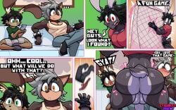 absurd_res anthro ass balls big_balls big_butt big_pecs big_penis black_hair blush bodily_fluids bottomless clothed clothing comic cyds2 dennis_(cyds2) dialogue fluffy fluffy_tail genitals green_eyes grey_hair group hair hi_res huge_butt imminent_sex imminent_threesome lagomorph leporid long_ears male male/male mammal manly muscular muscular_anthro muscular_arms muscular_legs muscular_male muscular_thighs partially_clothed pecs penis rabbit rear_view red_eyes shirt shirt_only speech_bubble surprise surprised_expression sweat sweaty_butt tail tank_top text thick_thighs topwear topwear_only trio wide_eyed yellow_eyes