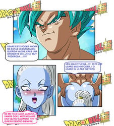 1girls 1male angel_(dragon_ball) blue_skin dicasty dragon_ball dragon_ball_super female male son_goku spanish_text super_saiyan_blue universe_6/universe_7 vados