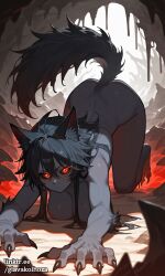 1girls ai_generated all_fours animal_ears ass_up black_body black_fur black_hair black_sclera black_skin breasts butt_up claws female fluffy_tail glavakolhoza glowing_eyes hair hands_and_knees hellhound_(monster_girl_encyclopedia) large_breasts monster_girl monster_girl_(genre) monster_girl_encyclopedia nude red_eyes solo tail thighs