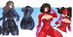 2girls alternate_hairstyle ann_takamaki_(cosplay) ass ass_bigger_than_head atlus big_ass big_breasts black_bodysuit black_eyes black_hair blush bodysuit breasts cat_ears cat_suit cat_tail catgirl cleavage cleavage_cutout cleavage_overflow clothing corset cosplay costume curvy_female embarrassed female female_only grey_hair highres huge_ass huge_breasts human large_ass large_breasts latex latex_clothing latex_gloves latex_suit leather lipstick loggus_doggus long_hair looking_at_viewer makoto_niijima_(cosplay) medium_hair megami_tensei multiple_girls pale_skin persona persona_5 persona_5_royal phantom_thief_suit red_bodysuit red_eyes sadayo_kawakami sae_niijima scarf shiny_clothes shiny_skin silver_hair simple_background skin_tight solo sweat sweatdrop teacher thick_thighs tight_clothing tight_fit twintails zipper_down