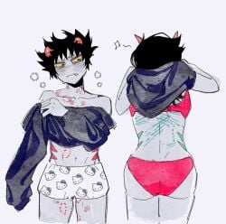 1boy 1girls after_cuddling after_sex alien aloafofcake bite_mark black_hair black_hair_female black_hair_male blush colored_skin female grey_skin hello_kitty hello_kitty_(series) hickey homestuck homestuck_troll horn horns karkat_vantas male medium_hair messy_hair partially_clothed sanrio short_hair short_hair_male straight terezi_pyrope troll underwear