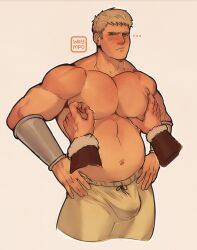 1boy abs bara biceps big_bulge blonde_hair blush bulge delicious_in_dungeon dungeon_meshi laios_touden male male_nipples male_only muscular_male nipples pecs waympo