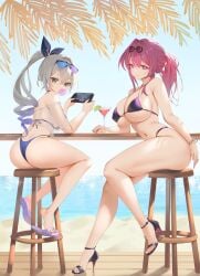 2girls absurdres ass bikini blue_nails blue_sky blue_toenails bracelet breasts bubble cellphone chewing_gum cocktail_glass cup day drinking_glass eyewear_on_head grey_eyes grey_hair highres holding holding_phone honkai:_star_rail honkai_(series) jewelry kafka_(honkai:_star_rail) large_breasts medium_breasts multiple_girls nail_polish painted_nails painted_toenails phone ponytail purple_eyes purple_hair red_nails red_toenails rhythm_games sandals silver_wolf_(honkai:_star_rail) sitting sky smartphone stool swimsuit toenail_polish zzo_(chorizzzzo)