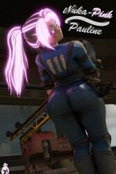 1girls 3d alternate_version_available ass ass_focus fallout_76 lazza_(artist) long_hair looking_at_viewer looking_back neon_hair pink_eyes pink_hair solo vault_girl vault_suit