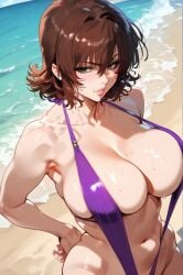 2d ai_generated beach big_breasts bikini brown_hair mikado_ryouko ocean outdoors purple_swimsuit sea short_hair sling_bikini solo solo_female swimsuit tagme to_love-ru