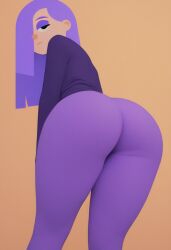 1girls ai_generated ass bending_over closed_eyes clothing curvaceous curvy curvy_body curvy_female curvy_figure disinterested duolingo eyeshadow female hair_over_one_eye half-closed_eyes huge_breasts japanese_text large_breasts large_butt legs lily_(duolingo) long_hair looking_at_viewer looking_back makeup orange_background purple_hair simple_background solid_color_background solo solo_female thick_thighs thighs tight_clothing translated unimpressed voluptuous