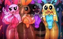 2025 4_fingers ahoge amphibian anthro artist_name ass axolotl bangs big_breasts big_butt biped black_body black_sclera blonde_hair blush bodily_fluids breasts brown_body bulge bunny_costume camel_toe cinnamon_(oxyoxyoxyox) clothed clothing costume cum deer digital_drawing_(artwork) digital_media_(artwork) emanata facial_markings female fingers floppy_ears freckles front_view genital_fluids genitals gesture glistening glistening_breasts grey_hair group hair hand_gesture hand_on_breast head_markings heart_symbol hi_res horn huge_breasts lagomorph leporid licorice_(oxyoxyoxyox) lineup long_ears looking_at_viewer lop_ears male mammal marine markings marshmallow_(oxyoxyoxyox) mole_salamander monotone_body narrowed_eyes open_mouth open_smile outline oxyoxyoxyox paint penis pink_body rabbit ribbons salamander silhouette smile standing text thick_thighs toffee_(oxyoxyoxyox) tongue tongue_out v_sign white_eyes wide_hips yellow_body