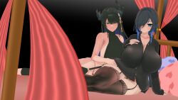 2girls 3d blue_hair hololive hololive_english hololive_english_-advent- hololive_english_-council- horns huge_breasts koikatsu lingerie nerissa_ravencroft ouro_kronii tagme thick_thighs virtual_youtuber vtuber
