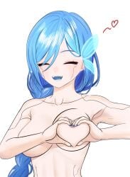 blue_hair blue_nail_polish blue_nails blue_tongue braid braided_ponytail breasts breasts_out butterfly_hair_ornament cyborg heart_hands independent_virtual_youtuber nude nude_female smile thatonefella24 tsukino_diana virtual_youtuber vtuber