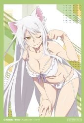 ass_visible_through_thighs bare_arms bare_belly bare_legs bare_shoulders bare_thighs belly_button big_breasts bikini blush breasts cat_ears catgirl cleavage collarbone hand_on_own_thigh hanekawa_tsubasa long_hair monogatari_(series) official_art one_eye_closed parted_lips shiny_skin smile thighs white_bikini white_hair wink yellow_eyes