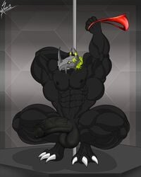 2017 abs balls biceps big_penis blackwargreymon claws clothing crouching digimon digimon_(species) erection hi_res huge_cock huge_muscles humanoid_penis male male_only muscular muscular_male nipples no_humans nude pecs penis pole saixyuniz-xynz sharp_claws solo stripper_pole triceps underwear vein veiny_penis wargreymon