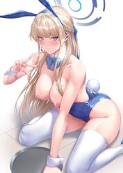 animal_ears bare_shoulders blonde_hair blue_archive blue_eyes blue_halo blue_leotard breasts cleaning_&_clearing_(blue_archive) cleavage detached_collar earpiece fake_animal_ears fake_tail female hair_ribbon halo highleg highleg_leotard large_breasts leotard long_hair looking_at_viewer millennium_science_school_student nipples official_alternate_costume playboy_bunny rabbit_ears rabbit_tail ribbon sitting solo strapless strapless_leotard tail thighhighs toki_(blue_archive) toki_(bunny)_(blue_archive) very_long_hair wariza white_thighhighs wrist_cuffs zucchini