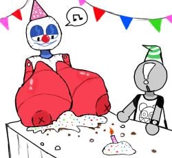 anonymous_male band_mascot bedroom_eyes big_breasts bigger_female birthday_cake birthday_hat birthday_party blue_skin breast_focus cake clown_girl el_sick faceless_male female five_nights_at_freddy&#039;s five_nights_at_freddy&#039;s_2 fnaf fnaf2 looking_at_breasts music_mascot naked not_caring paper_pals paperpals radiohead_bear red_body showing_breasts smaller_male smiling surprised_expression surprised_face table tagme_(artist) tagme_(character) whistle white_background x_nipples