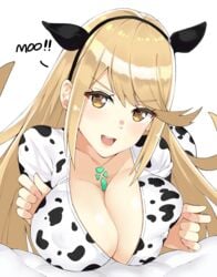 1girls animal_print bangs bed bed_sheet blonde_hair blush breast_suppress breasts cleavage cow_girl cow_print erect_nipples eyebrows_visible_through_hair female gem hair_ornament headpiece highres horn j@ck jewelry large_breasts long_hair looking_at_viewer matching_hair/eyes mooing mythra_(xenoblade) nintendo nipples open_mouth simple_background smile solo swept_bangs swimsuit tiara very_long_hair white_background xenoblade_(series) xenoblade_chronicles_2 yellow_eyes