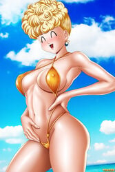 1girls artist_name big_breasts bikini blonde_hair breasts closed_eyes clothing curvy dragon_ball dragon_ball_(classic) earrings female female_only hair mature mature_female navel open_mouth panchy panchy_(dragon_ball) panchy_briefs solo tenzen watermark