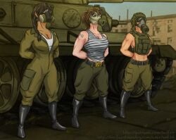 3girls army army_girl army_uniform big_breasts gas_mask image_set kef34 multiple_girls muscle muscle_girl muscles muscular muscular_female standing tank tank_top tank_top_lift