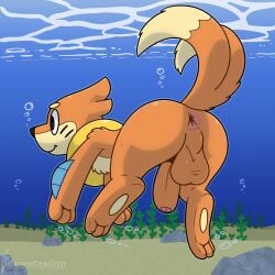 anus ass backsack balls buizel foreskin furry generation_4_pokemon genitals hi_res humanoid_genitalia humanoid_penis male nintendo penis perineum pokemon pokemon_(species) silvrsterlng smile solo swimming underwater water