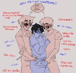 black_hair black_hair_male blonde_hair blonde_hair blonde_hair blonde_hair blonde_hair_male body_hair bulge chin_tuft clone clothed dave_strider duplicate gay glasses groping groping_from_behind hair hairy homestuck john_egbert male male_only mostly_clothed partially_clothed short_hair short_hair_male stubble sunglasses thiccsies threesome yaoi