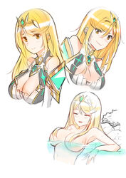 bangs bare_shoulders bathing blonde_hair blush breasts cawang cleavage cleavage_cutout closed_eyes female gem hair_ornament hair_over_breasts headpiece jewelry large_breasts long_hair mythra_(xenoblade) nervous nintendo nude open_eyes relaxing shoulder_armor shy smile solo swept_bangs tiara water wet xenoblade_(series) xenoblade_chronicles_2 yellow_eyes