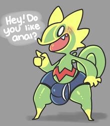 1boy anthro anthrofied big_ass blush bulge clothing dialogue feet kecleon male male_only nintendo original_character pokémon_(species) pokemon pokemon_rse scalie solo squishy_(artist) teapot_(body_type) text thick_thighs topless underwear video_games wide_hips