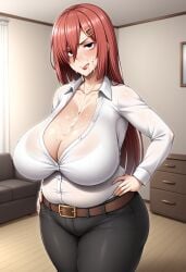 1girls after_incest ai_generated annoyed bags_under_eyes belly belt black_pants button_down_shirt button_up_shirt cum cum_on_breasts cum_on_face eye_bags fat female hairclip hand_on_hip licking_lips lipstick long_hair mature_female milf original pants plump red_eyes red_hair red_lipstick self_upload thick_thighs white_shirt yoshi_tama_(style)