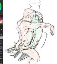 2boys arms_around_neck boyfriends couple cute duo gay grabbing_hips i_love_you james_t._kirk kiss kissing love lukewarmflukes male male_only old_man old_man_yaoi older_male on_lap silly spock star_trek thinking yaoi