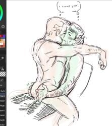 2boys arms_around_neck boyfriends couple cute duo duo_focus embrace gay grabbing_ass grabbing_hips hug i_love_you james_t._kirk kiss kissing love lukewarmflukes male male_only old_man old_man_yaoi older_male on_lap silly sketch spock star_trek thinking yaoi