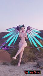 3d areolae blender breasts elf_ear feet female flying green_hair legs looking_at_viewer mercy overwatch purple_toenails selaphorart solo sugar_plum_fairy_mercy wings