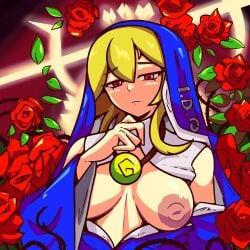 blonde_female blonde_hair breasts_out multighosts nun_outfit pale-skinned_female red_eyes religious_symbols roses thorns