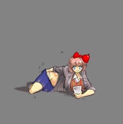 blue_eyes blue_skirt bow doki_doki_literature_club emptyskull302 female female_focus female_only female_solo hair_bow hairbow just_sayori panties phone red_hair_bow red_hairbow sayori_(doki_doki_literature_club) skirt solo solo_female solo_focus strawberry_blonde_hair white_panties