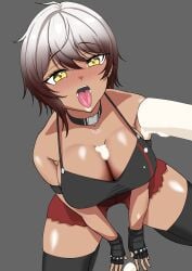 big_breasts dark-skinned_female ice_cream savii suggestive_food suggestive_pose tongue_out twitch two_tone_hair virtual_youtuber vtuber yellow_eyes