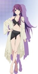 bare_belly bare_legs bare_shoulders bare_thighs barefoot belly_button bikini bikini_skirt black_bikini blue_eyes blush breasts cleavage collarbone crossed_legs feet front-tie_top hand_on_own_hip looking_at_viewer medium_breasts monogatari_(series) off_shoulder official_art open_mouth parted_lips purple_hair robe see-through senjougahara_hitagi standing thighs toes