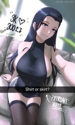 1girls bare_arms bare_shoulders bare_thighs big_breasts black_hair blue_eyes blush clothed clothing color english_text female female_focus female_only hi_res large_breasts light-skinned_female light_skin long_hair looking_at_viewer nico_robin one_piece opalisart post-timeskip selfie shounen_jump solo solo_female strip_game tagme text thick_thighs