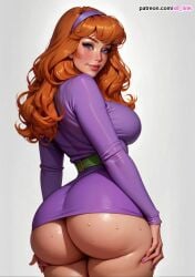 ai_generated artist_name ass big_ass breasts cleavage daphne_blake dress earrings female female_focus female_only green_scarf hips huge_breasts human nails_painted nipples nipples_visible_through_clothing orange_hair orange_hair_female purple_dress purple_eyes s8link scarf scooby-doo thick_thighs thighs warner_brothers