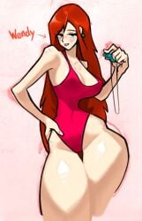 5_fingers bare_shoulders breasts cleavage emptyskull302 female female_focus female_only female_solo gravity_falls green_eyes lifeguard lifeguard_swimsuit long_hair one-piece_swimsuit pointy_breasts red_hair solo solo_female solo_focus swimsuit thighs wendy_corduroy whistle whistle_(object)