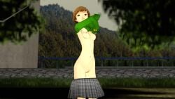 1girls atlus breasts clothing exhibitionism female human lifted_by_self lifting_own_clothes lifting_shirt nipples ofugh outdoors pale_skin persona persona_4 pubic_hair public pussy satonaka_chie skirt_down undressing