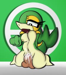 breasts breasts_bounce cum cum_on_penis female female_only generation_5_pokemon green_background nintendo open_mouth penis_in_pussy pokemon pokemon_(species) snivy