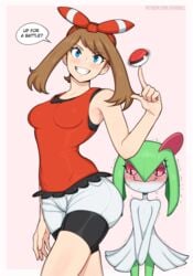 1girls afrobull ambiguous_gender ass big_ass blue_eyes breasts brown_hair clothed huge_ass human kirlia may_(pokemon) may_(pokemon_oras) nintendo poke_ball pokemon pokemon_(species) pokemon_oras shirt shorts text trembling url watermark