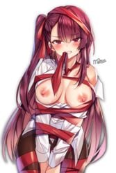 artist_name bangs bare_shoulders blush bondage breasts clenched_teeth eyebrows_visible_through_hair female girls'_frontline highres large_breasts long_hair long_sleeves looking_at_viewer maett mouth_hold necktie nipples off_shoulder one_side_up red_eyes red_hair red_neckwear red_ribbon ribbon ribbon_bondage shirt solo teeth wa2000_(girls'_frontline) white_shirt