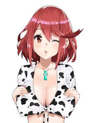 1girls animal_print bell bell_collar blush breasts collar cow_ears cow_print cowbell erect_nipples female highres j@ck jewelry large_breasts looking_at_viewer matching_hair/eyes nintendo nipples one_eye_closed orange_eyes pyra pyra_(xenoblade) red_eyes red_hair short_hair simple_background smile solo third-party_edit tiara wink xenoblade_(series) xenoblade_chronicles_2