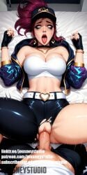 1boy ahe_gao ai_generated akali akali_(league_of_legends) asymmetrical_clothes asymmetrical_legwear baseball_cap bed bed_sheet belt belt_buckle black_gloves black_headwear blue_jacket breasts buckle choker cleavage clitoris clothed_sex clothing cropped_jacket earrings female fingerless_gloves gloves hat heart jacket jewelry jousneystudio k/da_(league_of_legends) k/da_akali k/da_series large_breasts league_of_legends lips lipstick long_hair looking_at_viewer lying makeup male navel on_back on_bed open_clothes open_jacket open_mouth patreon_username penis ponytail pov purple_hair red_hair sex shorts solo_focus spread_legs straight tongue tongue_out torn_clothes uncensored uneven_legwear vagina vaginal_penetration veins veiny_penis white_belt yellow_eyes