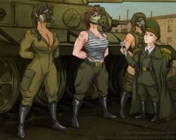 3girls army army_girl army_uniform big_breasts gas_mask image_set kef34 multiple_girls muscle muscle_girl muscles muscular muscular_female riding_crop short_male smaller_male standing tank tank_top tank_top_lift