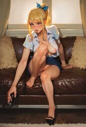 ai_generated blonde_hair breasts cleavage fairy_tail feet feet_fetish lucy_heartfilia no_bra no_panties open_clothes open_mouth playfulslothh pussy putting_clothes_on