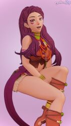 1girls 3d arm_tattoo bare_arms bare_legs boots braid breasts brown_eyes dochaunt24 facial_mark facial_tattoo female female_only fire_emblem fire_emblem:_three_houses high_heels legs long_hair looking_at_viewer nintendo open_mouth petra_macneary ponytail purple_background purple_hair sitting small_breasts smile solo tattoo very_long_hair